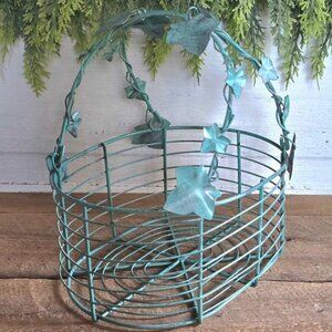 Shabby Chic Green Leaf Metal Wire Flower Basket Farmhouse Storage Decor